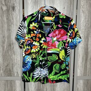 Jams World Button Down Shirt Tropical Floral Bird Short Sleeves